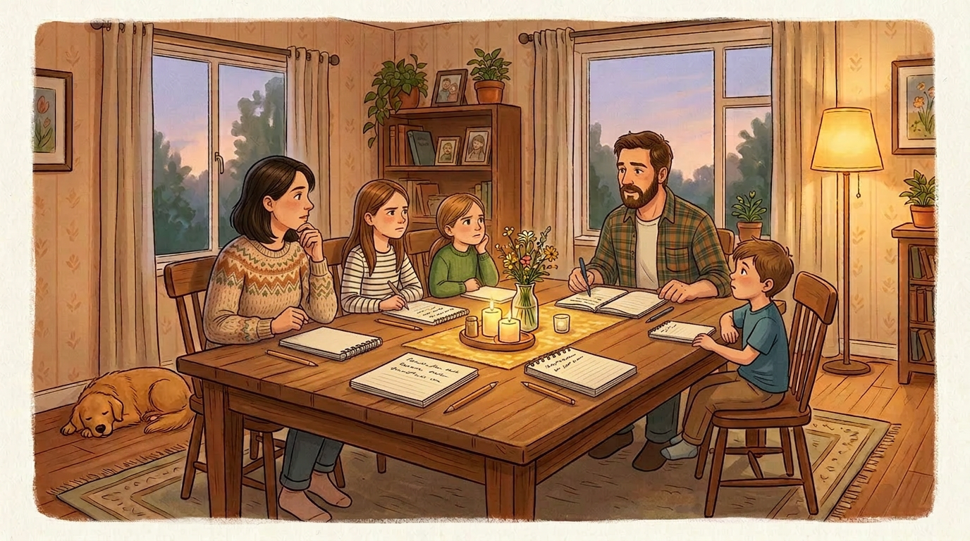 Healthy Life Creative Life - Family sitting together at a kitchen table having a supportive discussion.
