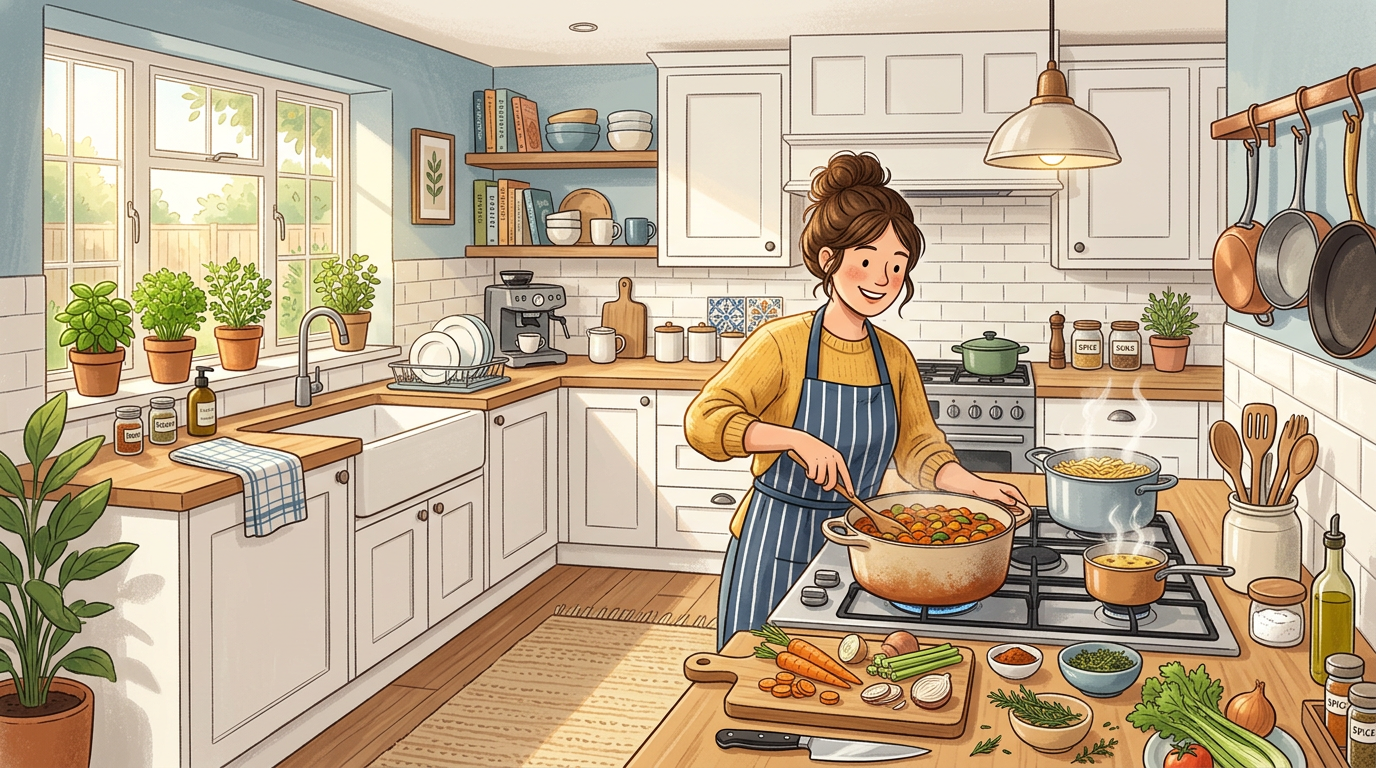 Healthy Life Creative Life - Woman cooking healthy food in a bright, modern kitchen.