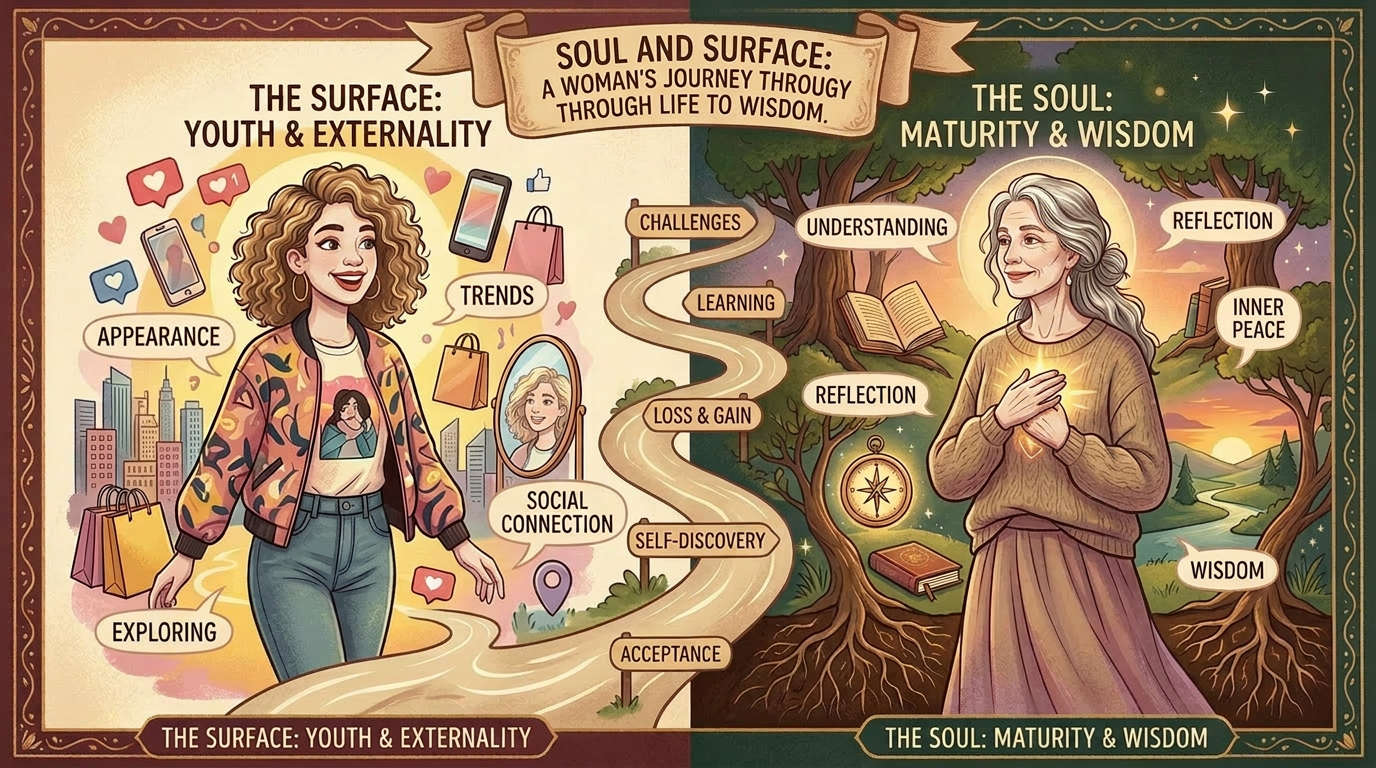 Healthy Life Creative Life - Illustration of a woman's journey from youth to older years.