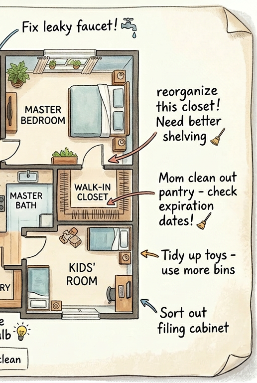 Healthy Life Creative Life - Floor plan diagram showing a room-by-room guide for home revitalization and toxin removal.