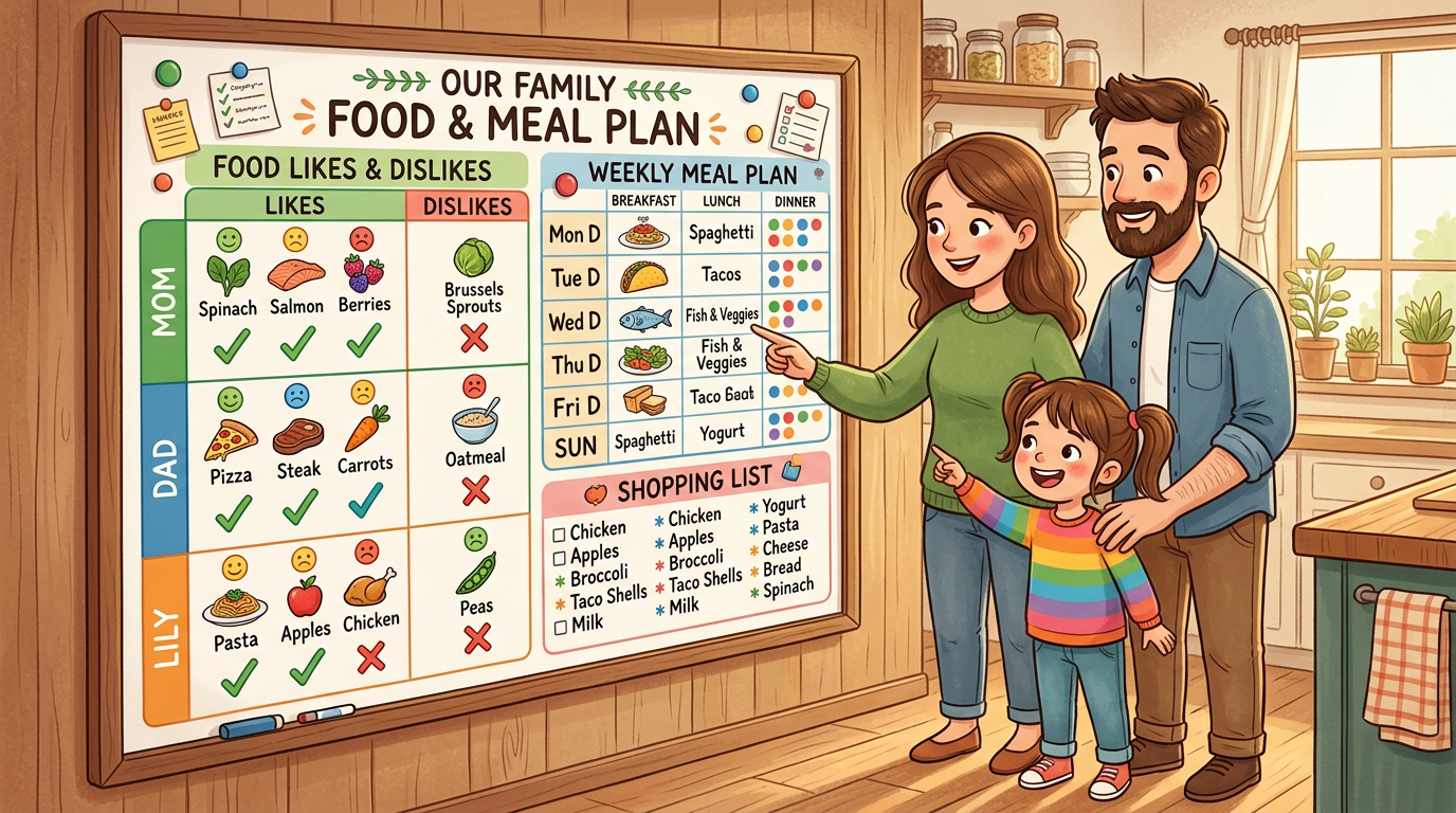 Healthy Life Creative Life - Weekly meal planning board for family dinner coordination and collaborative cooking.