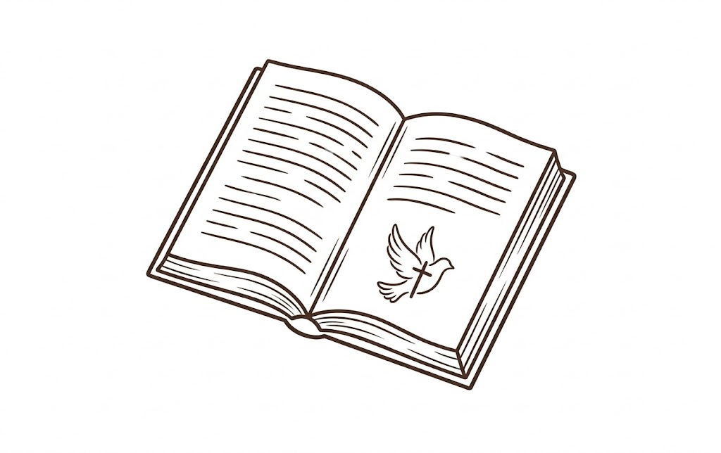 Healthy Life Creative Life - An illustration of an open book showing lines as text and an outline of a dove with a cross over it.