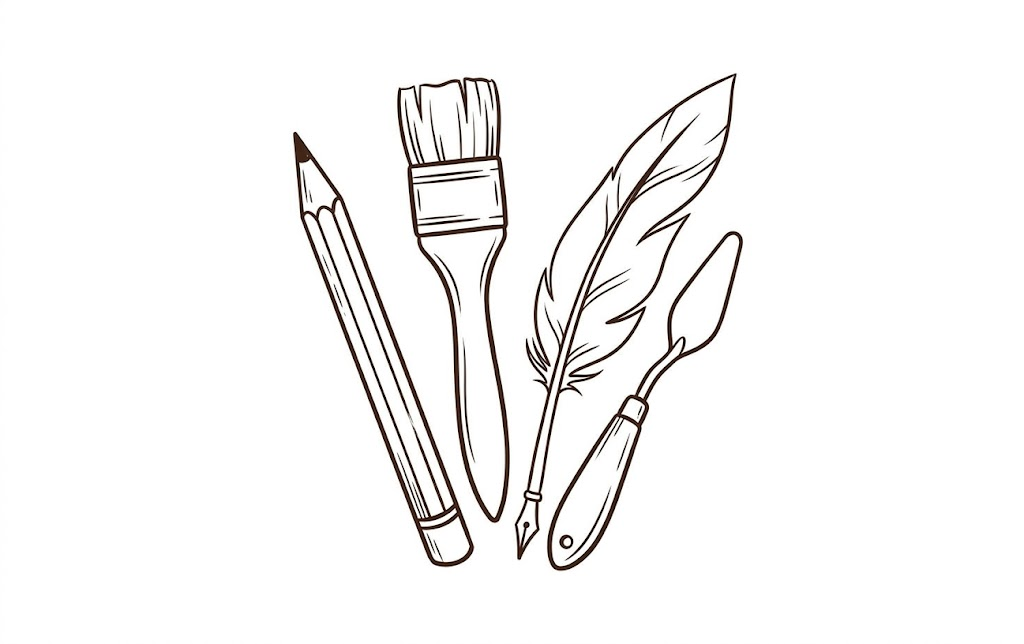Healthy Life Creative Life - Creative mind: image of art tools: A pencil, a paint brush, a feather, and a palette knife.