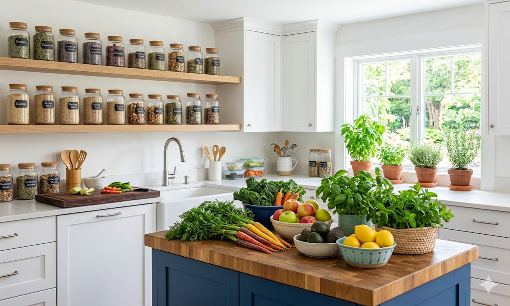 Healthy Life Creative Life - An image of a clean kitchen with fresh food and holistic jars.
