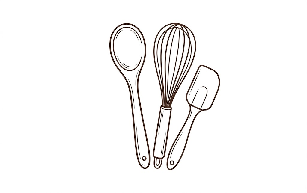 Healthy Life Creative Life - Kitchen tools: illustration of a spoon, a spatula, and a whisk.