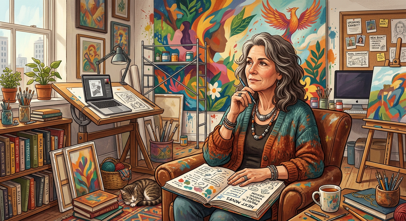An oil painting-style illustration of an older woman with silver-streaked hair sitting thoughtfully at a rustic wooden table by a window. She rests her chin on her hand, looking out over a vibrant, sunlit garden filled with colorful flowers. The cozy indoor setting features indoor plants, warm light, and a serene, reflective atmosphere.