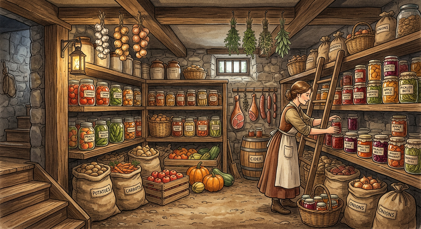 Illustration of a woman in her root cellar picking out vegetables for supper.