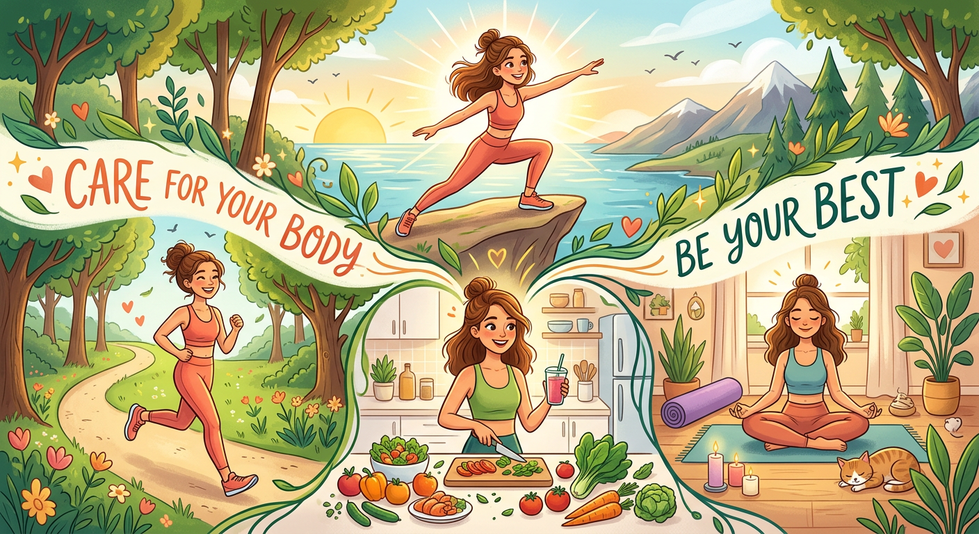 A vibrant, colorful illustration of a woman surrounded by symbols of wellness, including fresh vegetables, a garden, and outdoor activity, representing a holistic healthy lifestyle.