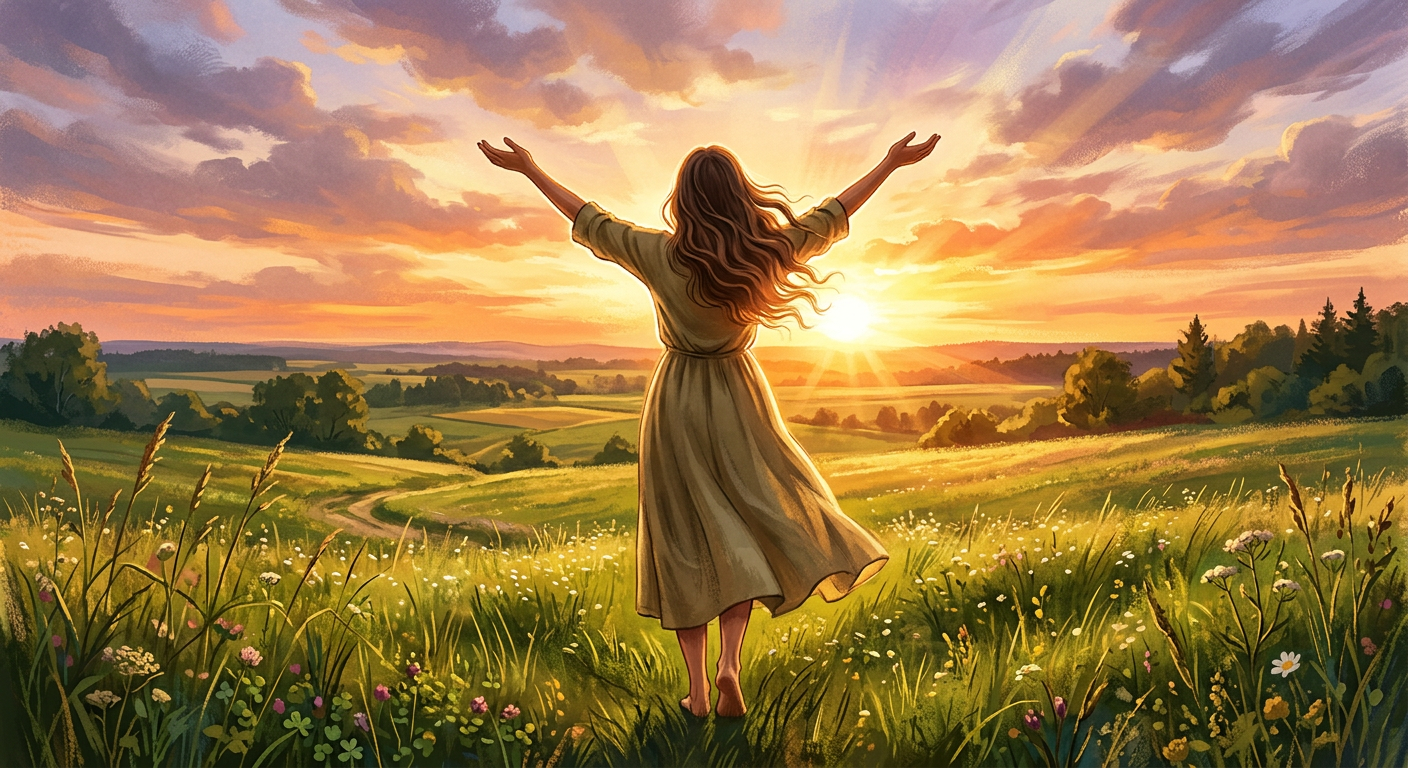 A woman standing in a wide, sunlit field with her arms raised in a gesture of praise and gratitude under a bright sky.