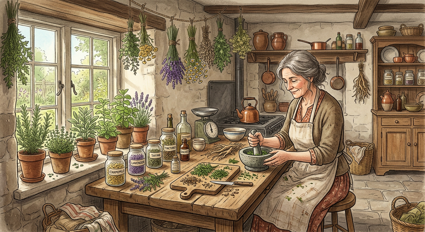 Woman in her kitchen making herbal recipes.