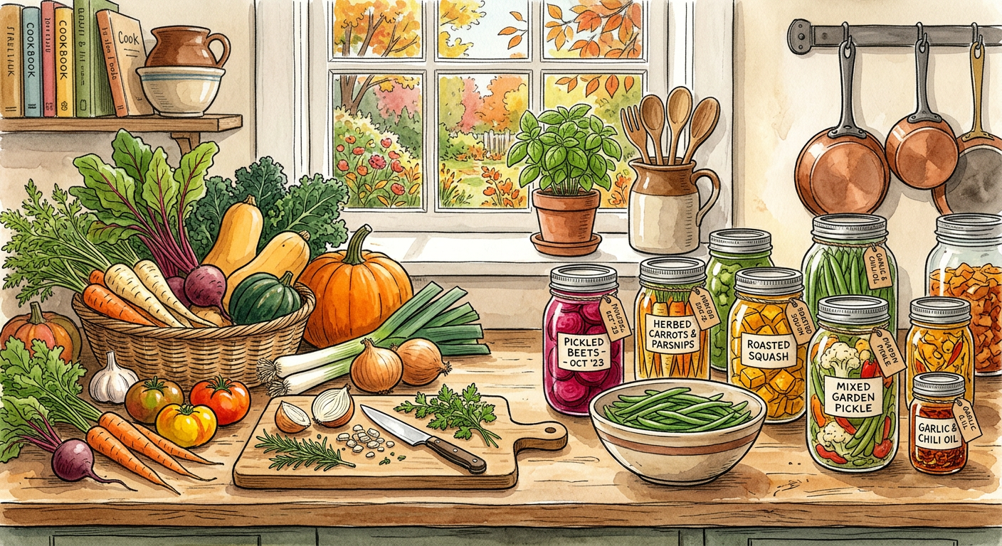 Seasonal veggies on the counter with some already prepared for storage.