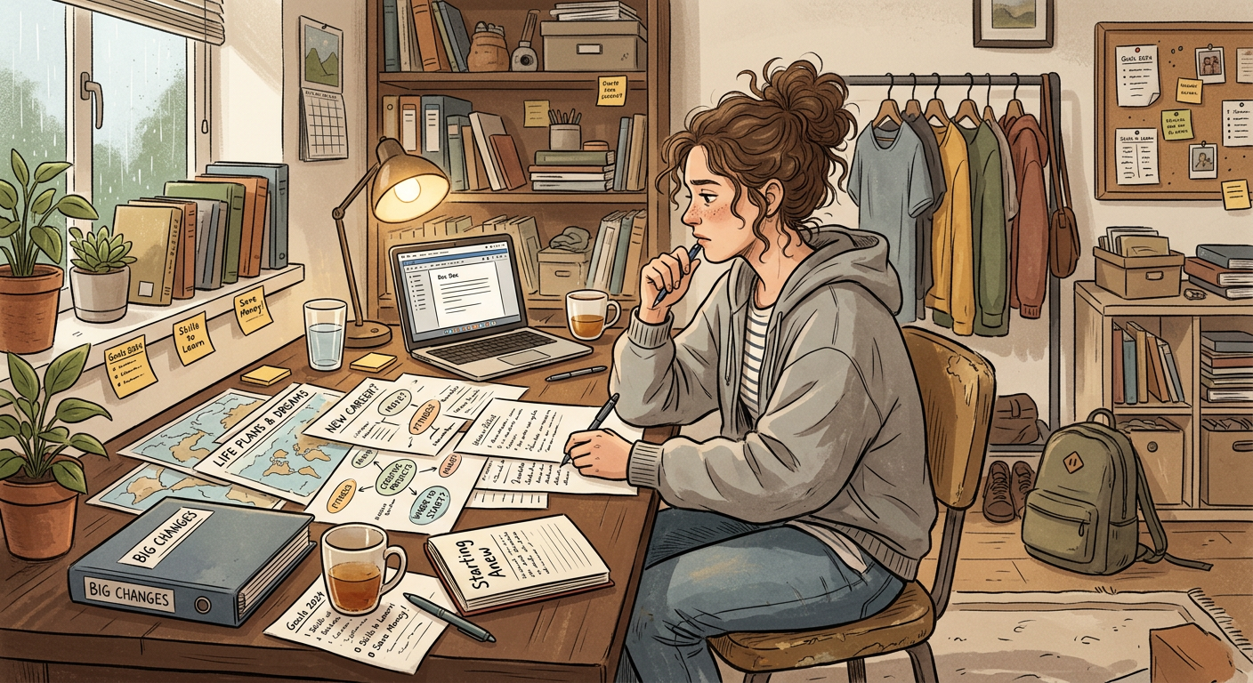 A woman sitting at a wooden desk reviewing architectural plans and creative layouts in a bright, organized home office.