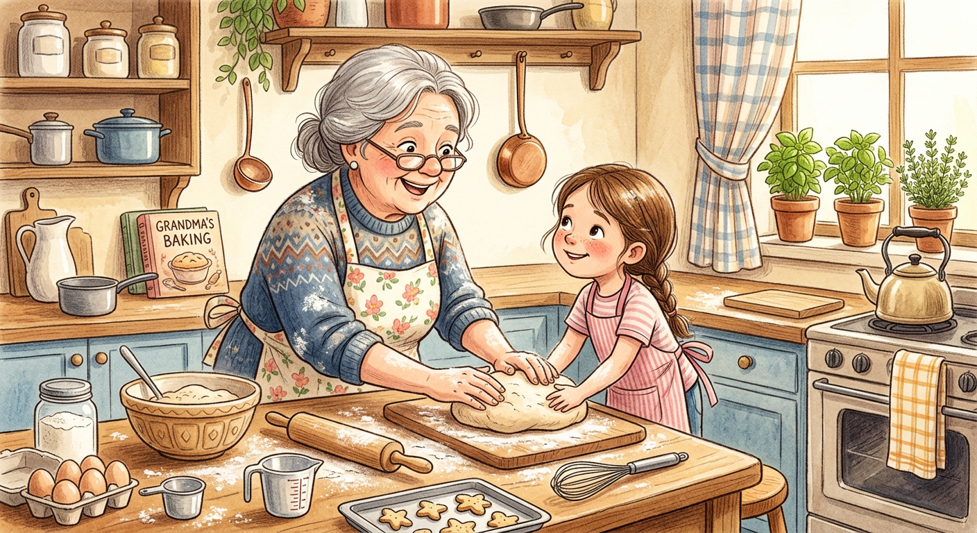 One generation An older woman with glasses smiling warmly while baking in a rustic, cozy kitchen, surrounded by fresh flour, eggs, and homemade bread.
