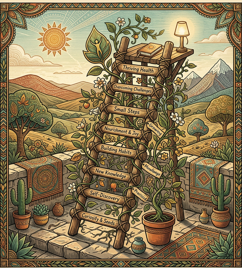 Folk-art illustration of a wooden ladder leaning in a vibrant backyard vegetable garden under a bright, stylized sun.