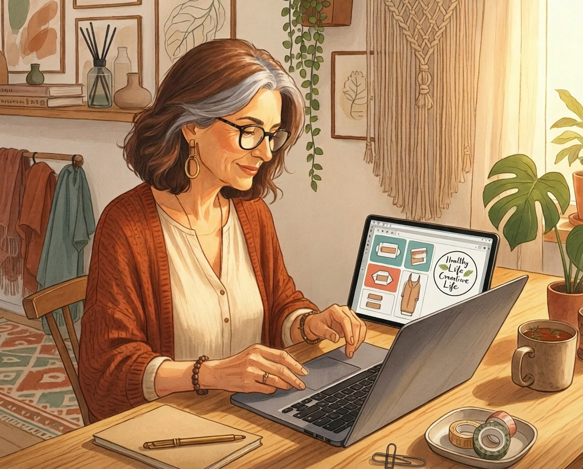 Stylized illustration of a woman in an art studio looking out the window at a sunny backyard garden.